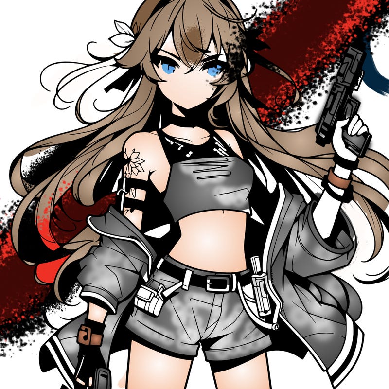 bad girl wearing crop top holding a gun long hair anime