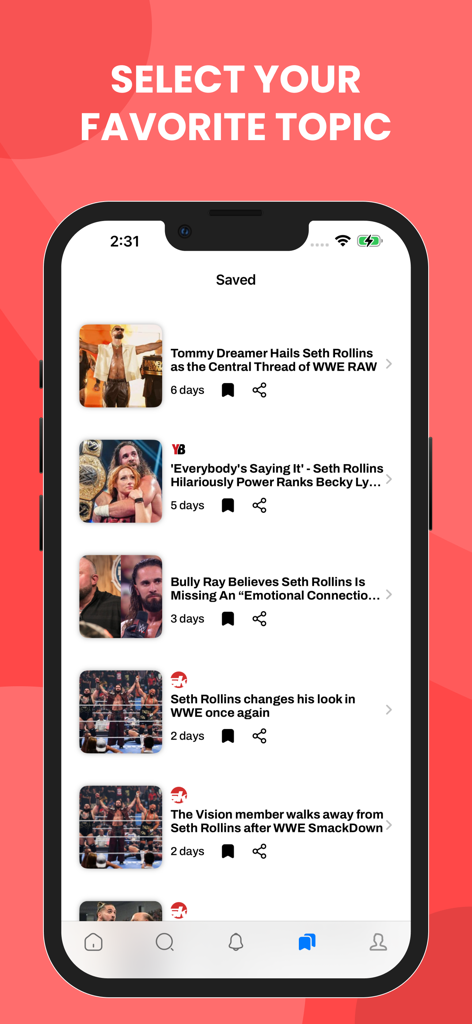 モバイルアプリのインターフェース。セス・ロリンズに焦点を当てた保存されたプロレスニュース記事のリストが表示されています。