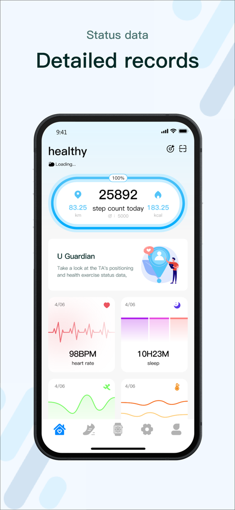 M2 Wear - M2 Wear app health dashboard displaying daily step count heart rate and sleep duration statistics