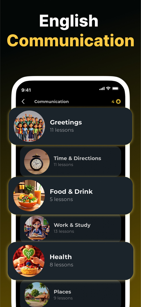 Mobile screen of 4Ask app displaying English communication topics including Greetings, Food and Drink, and Health.