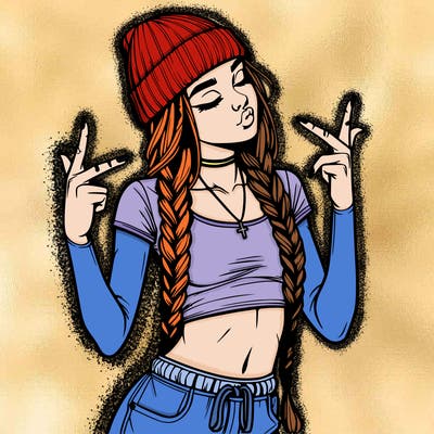 realistic teenage girl with braids and a beanie and crop top doing 🫶🏼