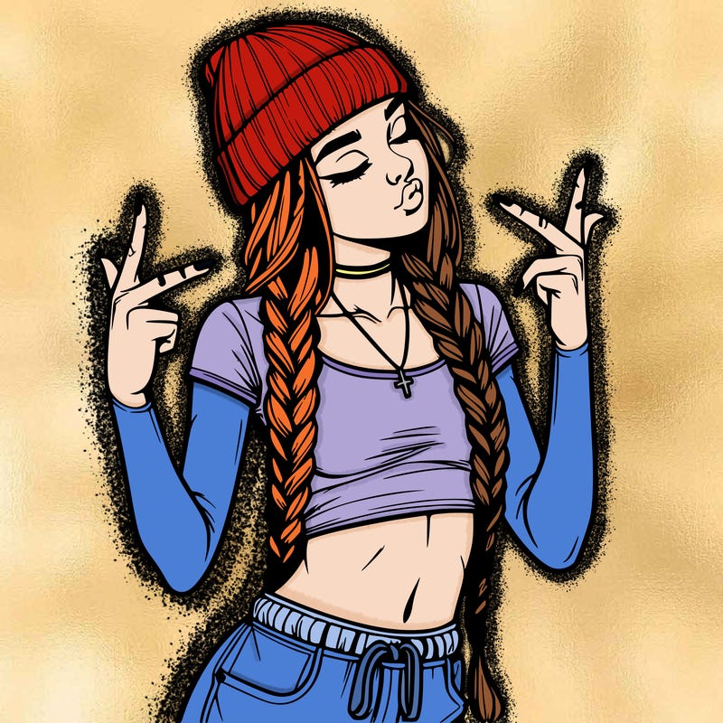 realistic teenage girl with braids and a beanie and crop top doing 🫶🏼