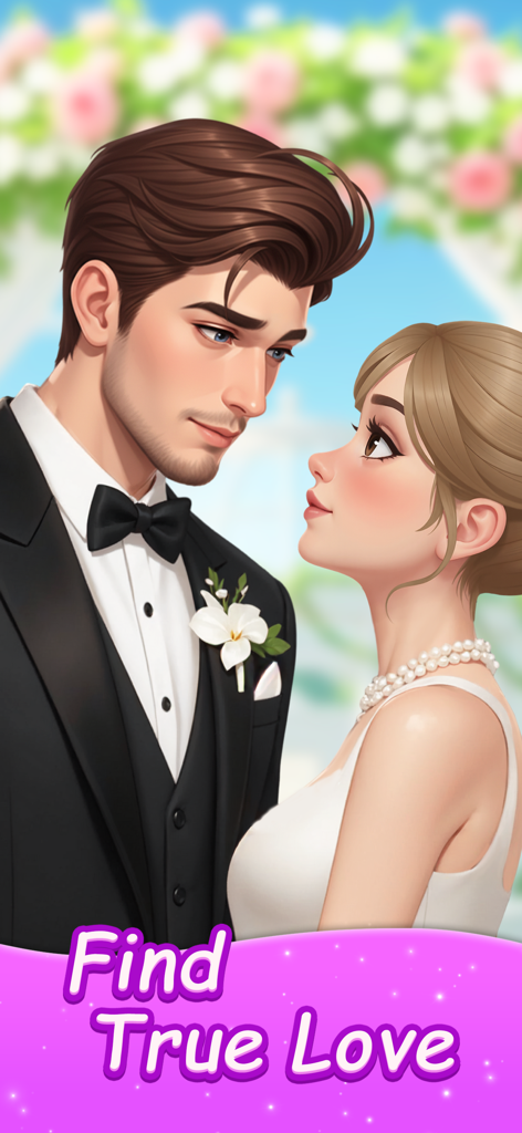 Merge Fashion: Romance Story - A romantic wedding scene between a man and a woman with the text Find True Love