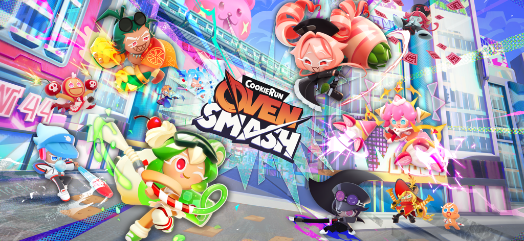 Cookie characters battling in a colorful urban fantasy city