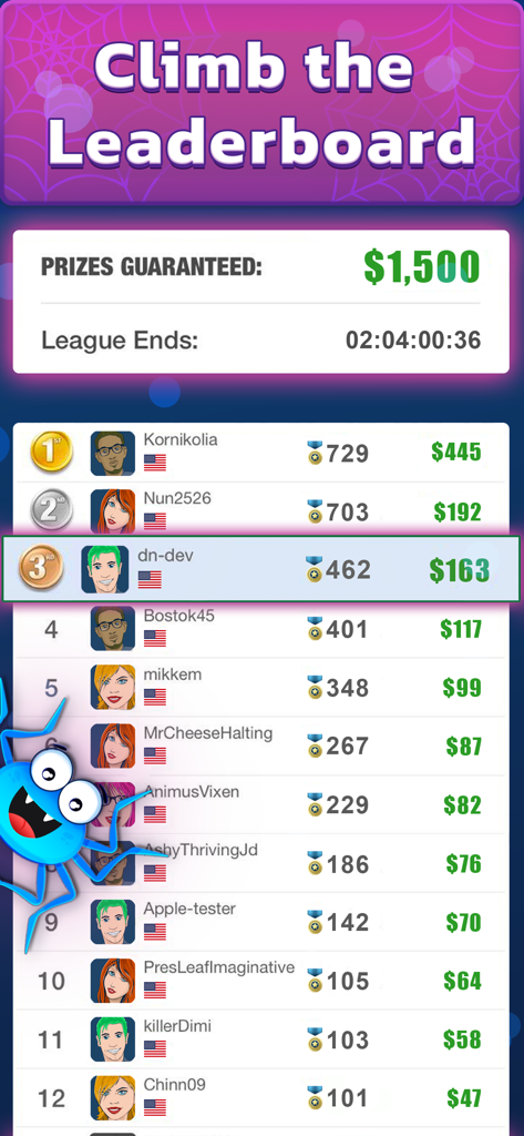 Spider Solitaire: Cash Games - Vista de la tabla de clasificación de Spider Solitaire Cash Games que muestra las clasificaciones de los jugadores y premios en efectivo garantizados