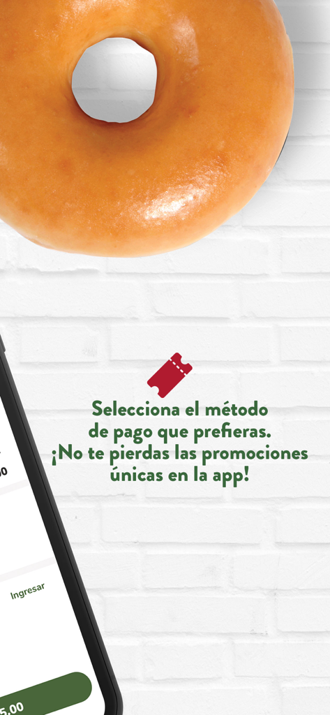 Krispy Kreme México - Krispy Kreme Mexico app interface showing an original glazed donut and text about payment methods and exclusive promotions