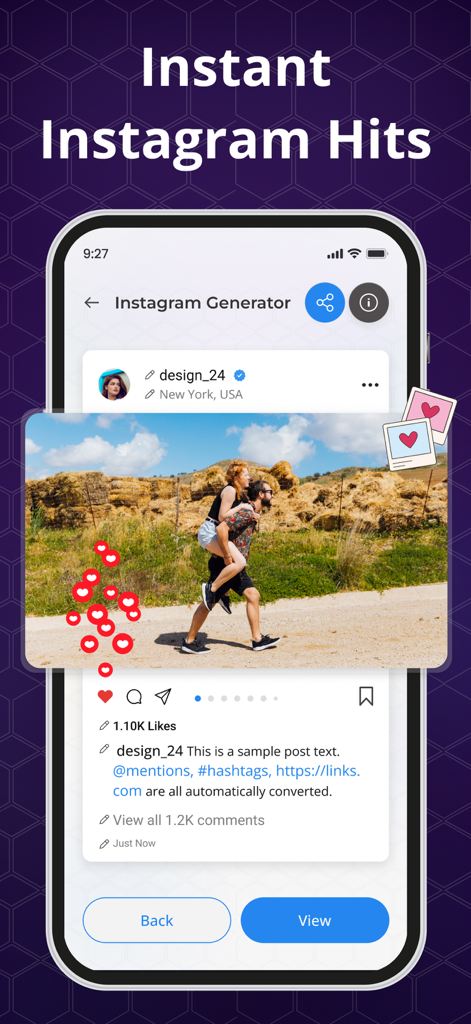 A mobile app screen demonstrating an Instagram post generator with custom photos and captions