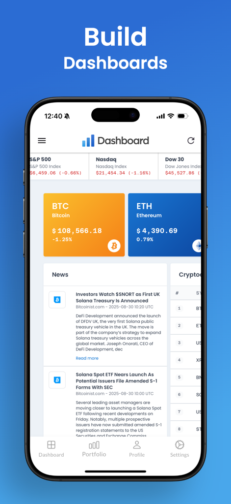 A smartphone screen showing a custom investment dashboard with real-time Bitcoin and Ethereum prices and financial news.