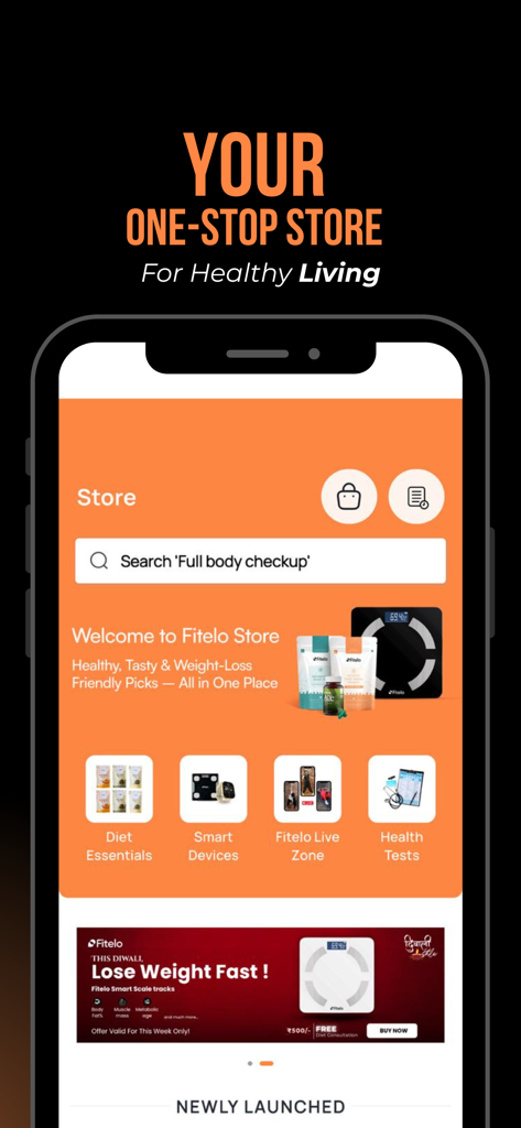 Uma captura de tela da interface da loja do aplicativo Fitelo mostrando produtos de bem-estar e categorias de testes de saúde