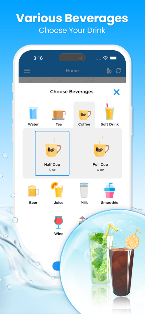 Drink Water Reminder N Tracker - Pantalla de la app Recordatorio de Agua para seleccionar diferentes bebidas y tamaños de porción como café, té y jugo.