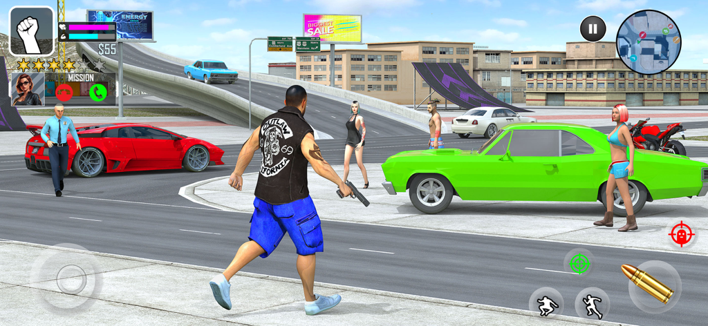 Life of Street Thugs - Gangster character with a gun in an open world city street with sports cars and NPCs