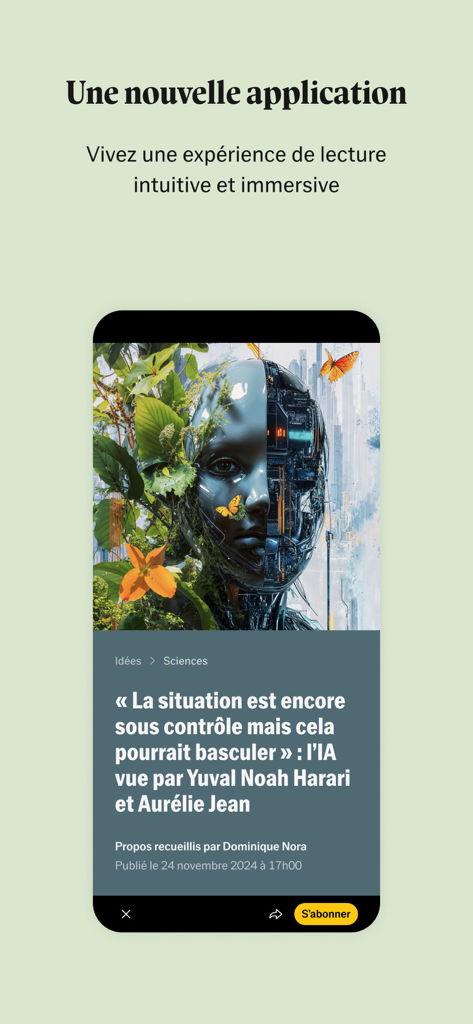 Interface de l'application Le Nouvel Obs présentant un article de presse dans une mise en page moderne et intuitive