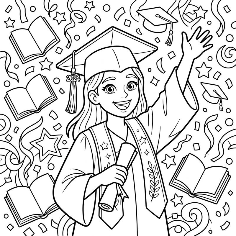 Capture the exhilarating moment of graduation with this vibrant coloring page, perfect for celebrating academic milestones. Featuring a joyful student in a cap and gown, it's an ideal way to commemorate hard-earned success.