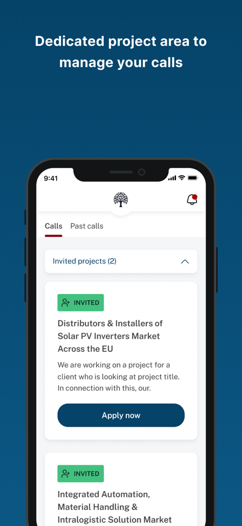Interface do aplicativo Atheneum Hub mostrando convites de projetos de consultoria para especialistas com um botão de candidatar-se agora e área de gerenciamento de chamadas