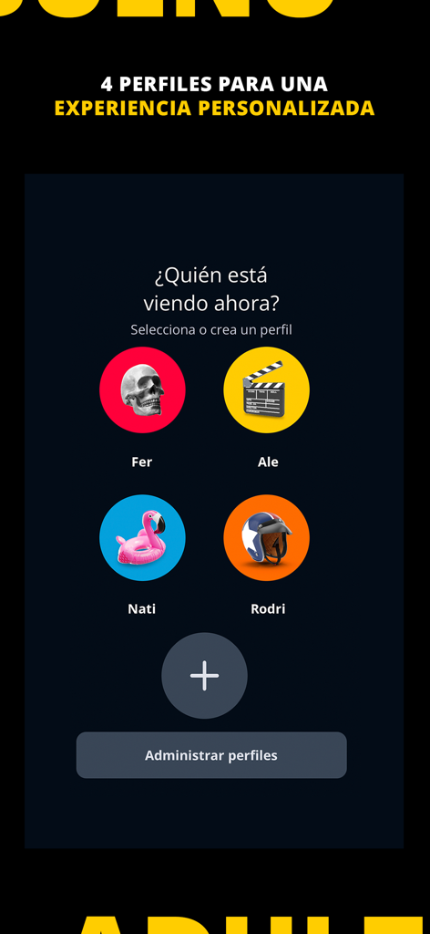 유니버설 플러스 스트리밍 앱의 프로필 선택 화면에 여러 사용자 계정이 표시됩니다.