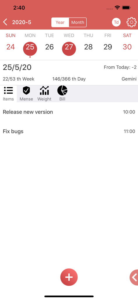Calendar Planner - Reminder - Vista del horario diario de la aplicación móvil que muestra una lista de tareas con elementos para actualizaciones de software e íconos para seguimiento de salud menstrual y de peso.