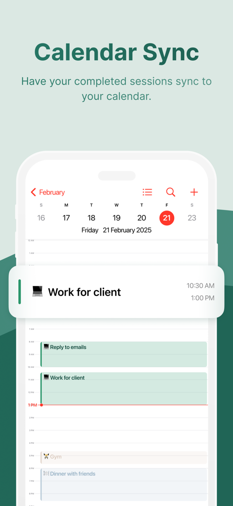 Flow: Focus & Pomodoro Timer - Pantalla de la aplicación Flow mostrando sesiones de enfoque completadas sincronizadas con un calendario de iPhone