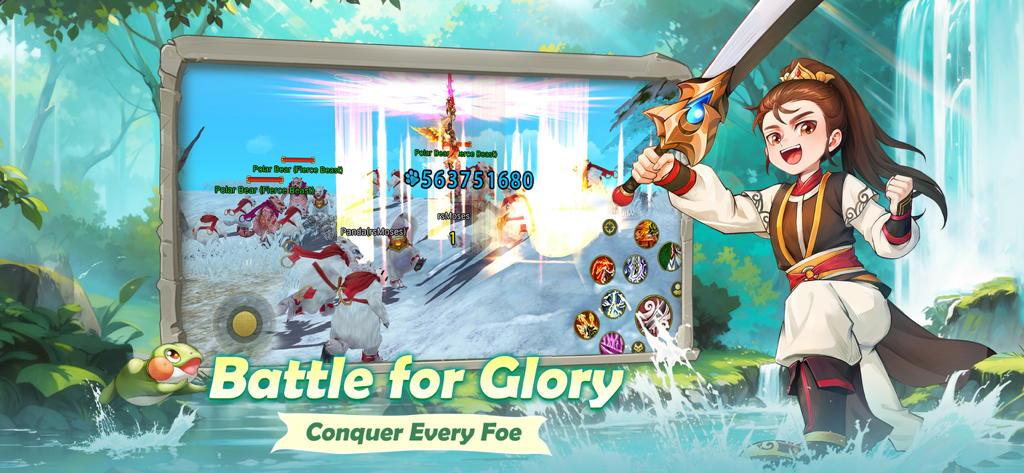 Ruler of the Land - Un artiste martial joyeux de style anime tenant une épée avec une scène de combat en jeu contre des bêtes féroces en arrière-plan.