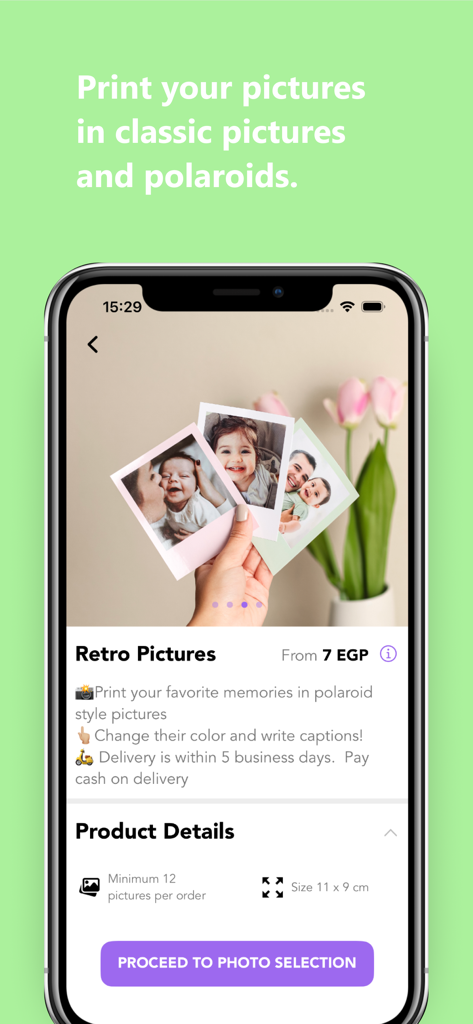 Mobile app interface for ordering retro polaroid photo prints.