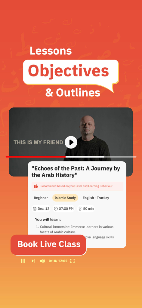 Teach Me Arabic - A screenshot of the Teach Me Arabic app featuring lesson objectives, a video lesson about Arab history, and a button to book a live class.
