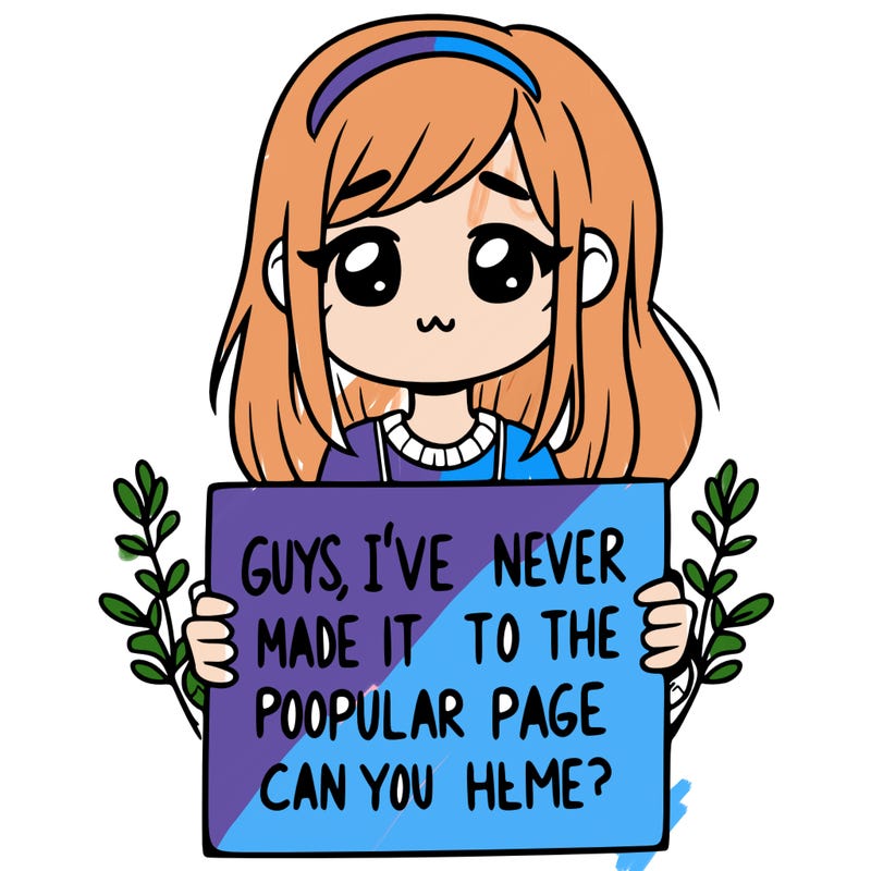a girl holding up a sign that says, guys, i’ve never made it to the popular page, can you help me?