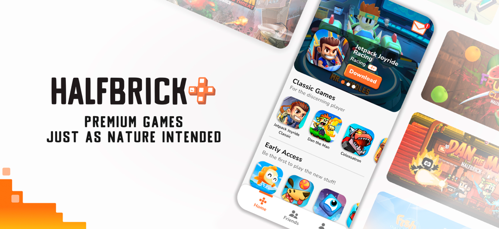 Jetpack Joyride Racing - Panel de la aplicación móvil Halfbrick Plus con Jetpack Joyride Racing y una biblioteca de juegos clásicos premium.
