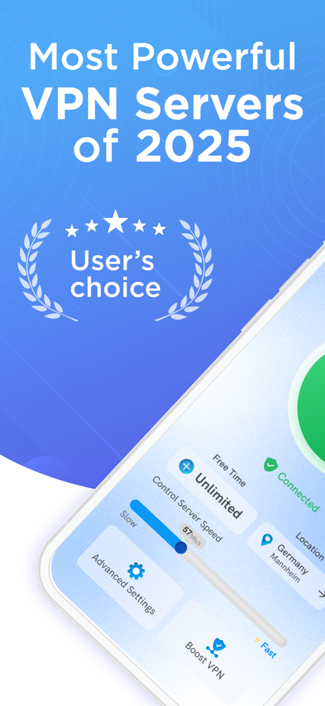 VPN for iPhone:Super VPN Proxy - Captura de pantalla de iPhone de la app Super VPN Proxy con los 2025 servidores más potentes y el premio a la elección del usuario con estado conectado a Alemania.