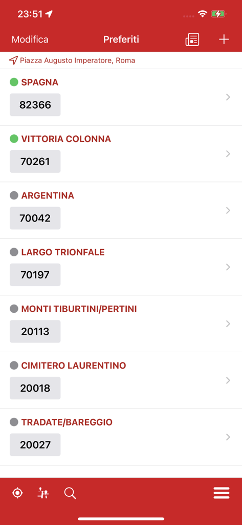 Interfaz de la aplicación Probus Rome mostrando una lista de paradas de autobús favoritas y sus códigos de ubicación en Roma