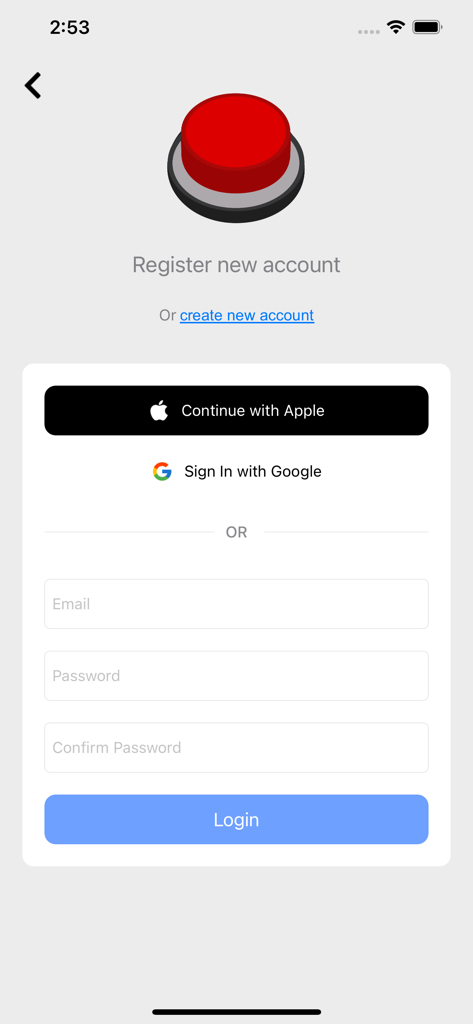 Account registration page for the Sound Button World mobile application featuring social login and email signup options