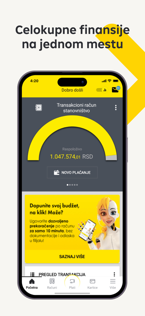 Moja mBanka Raiffeisen - Home screen of Moja mBanka Raiffeisen mobile banking app showing account balance and financial overview in Serbian