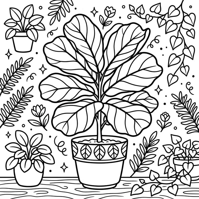 Dive into the lush world of plants with this charming fiddle leaf fig coloring page, specially designed for kids aged 4-8. Young nature lovers will enjoy bringing this vibrant botanical scene to life with their favorite colors.