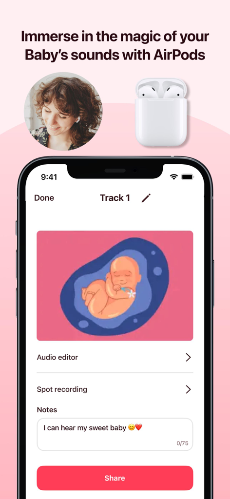 My Baby Heart Sounds App - Una pantalla de smartphone que muestra la grabación del sonido del latido de un bebé con un botón para compartir y una nota.