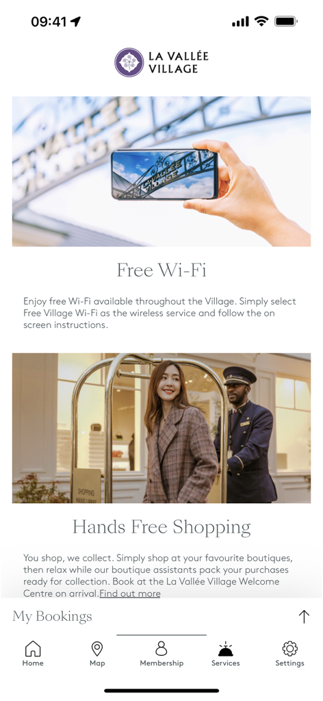 La Vallee Village app interface highlighting free wifi and hands free shopping services