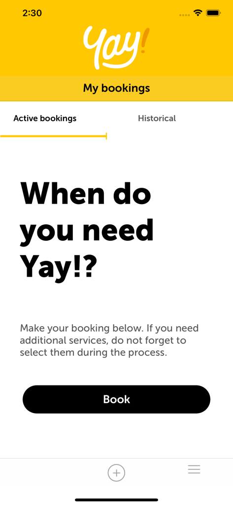 La pantalla de reserva de la app de aparcacoches ¡Yay! mostrando la pestaña de reservas activas y una llamada a la acción para reservar aparcamiento en el aeropuerto.