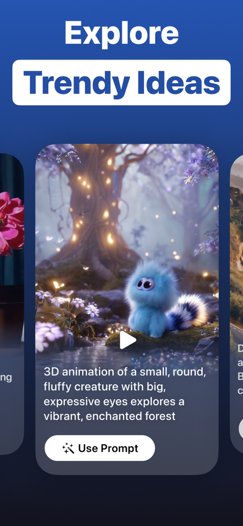 AI Video Generator app interface displaying a 3D animated character and a text-to-video prompt.