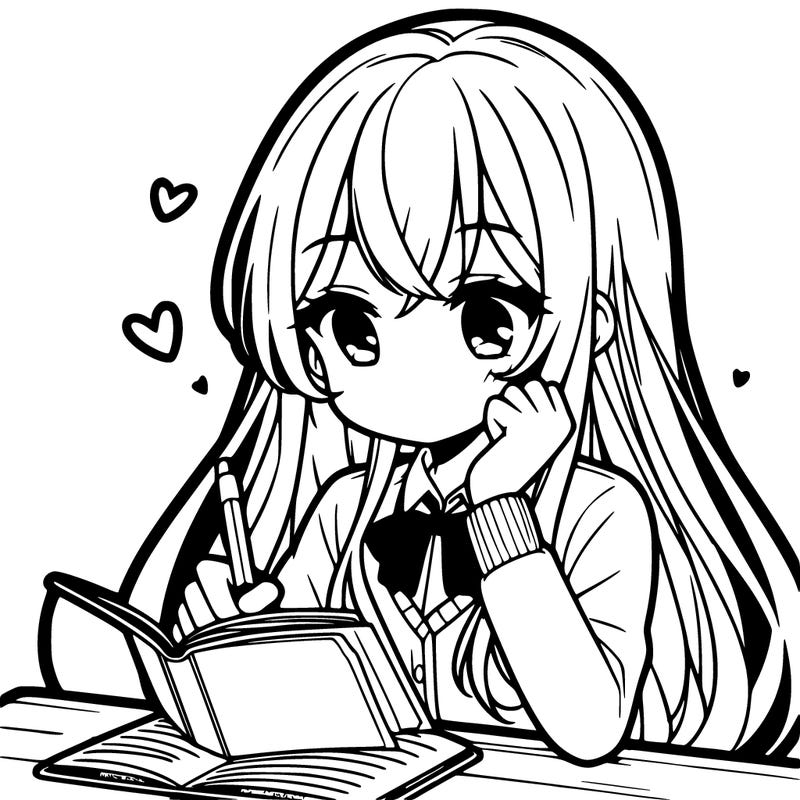 cute shy anime girl with long hair writing about her boy crush in her diary