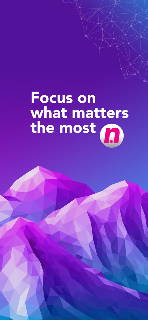 TheNoor - Azan, Quran, Qiblah - Splash screen for TheNoor app featuring purple geometric mountains and the text Focus on what matters the most