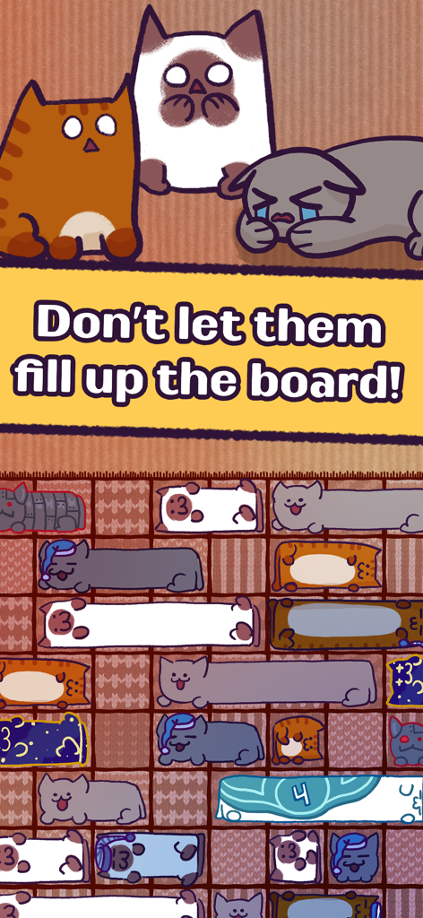 Neko Sliding: Cat Puzzle - A colorful puzzle board filled with long sliding cat blocks and cute cartoon characters at the top.