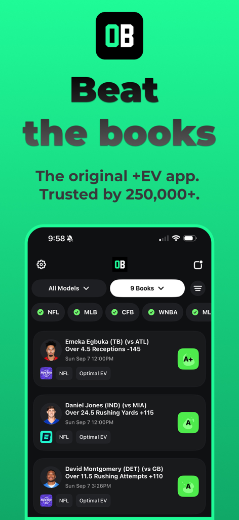Optimal Bet app interface showing color coded edge grades for sports betting player props