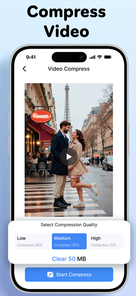 Phone cleaner + Photo cleaner - Interfaccia dell'app di pulizia del telefono che mostra le opzioni di compressione video per liberare spazio di archiviazione