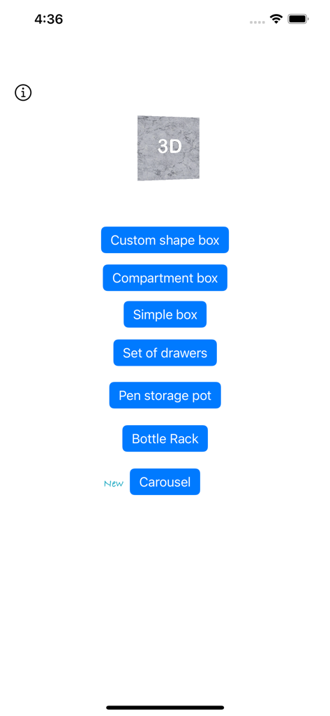 3D Box Maker - The main menu of the 3D Box Maker app showing options for custom shape boxes, compartment boxes, drawers, and pen storage pots.