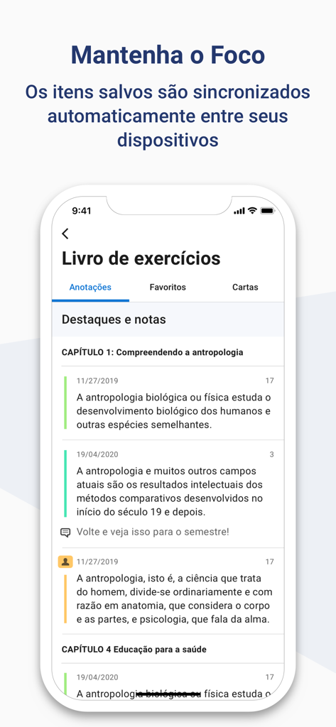 Smartphone-Bildschirm, der die Minha Biblioteca App mit einer Liste von Markierungen und Notizen aus einem akademischen Lehrbuch anzeigt, die über Geräte hinweg synchronisiert wurden.