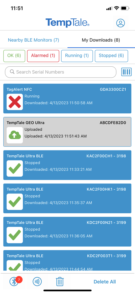 TempTale App - TempTale app dashboard showing temperature monitor status with green checkmarks and red alarm icons