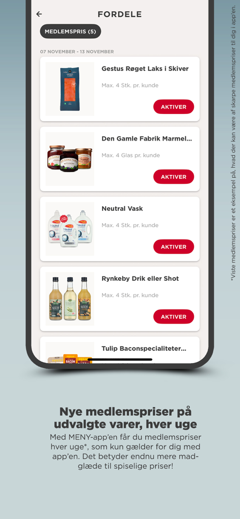 MENY Danmark - MENY Danmarkアプリが、スマートフォン画面上の選択された食料品アイテムの週ごとの会員価格と特典を表示しています。