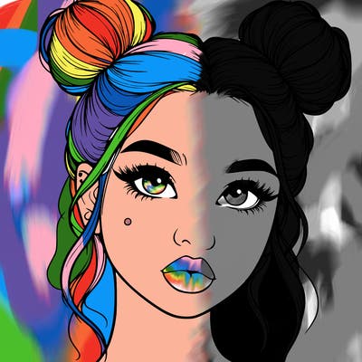 realistic girl with two buns on her hair and lips