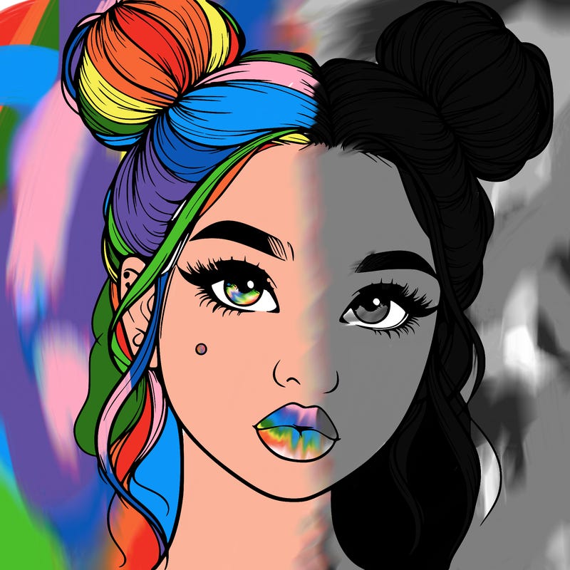 realistic girl with two buns on her hair and lips
