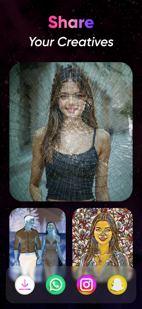 Pantalla de la aplicación móvil titulada Comparte tus Creaciones mostrando filtros artísticos para fotos e iconos para compartir en redes sociales