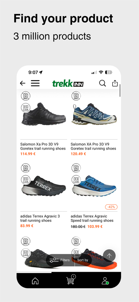 Tradeinn - Interface de l'application Tradeinn de la boutique Trekkinn présentant une sélection de chaussures de trail Salomon et Adidas avec les prix et des vues de produits spécialisées.