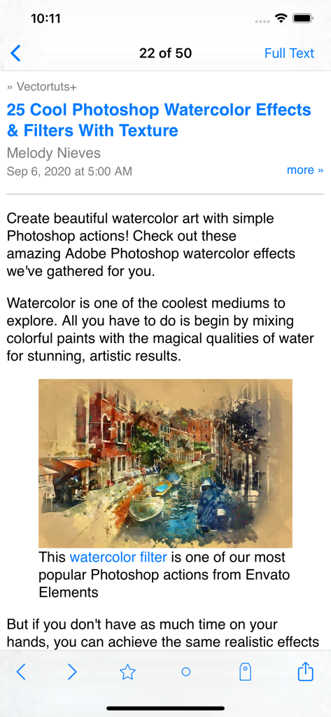 Feeddler RSS Reader app interface showing a blog article about Photoshop watercolor filters with text and image.
