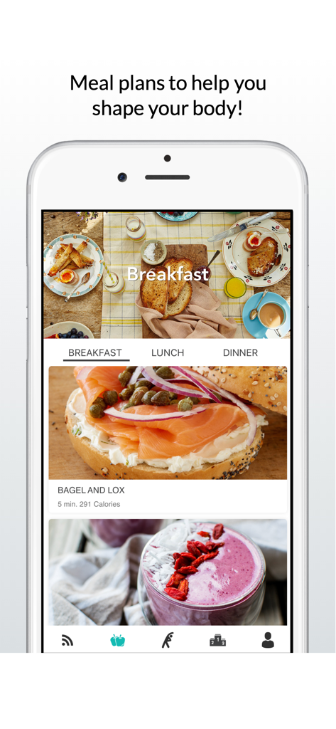 Calisthenics Workout Routines - A smartphone screen displaying breakfast meal plans with calorie counts and nutritional information in the Calisthenics Workout Routines app.